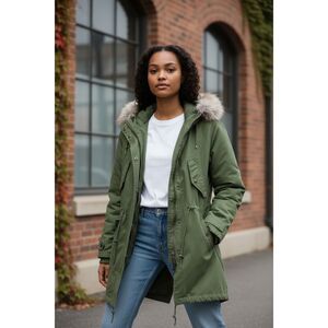 ASOS Olive Green Faux Fur Hooded Parka Coat Quilted Lined Jacket Women’s Size 12